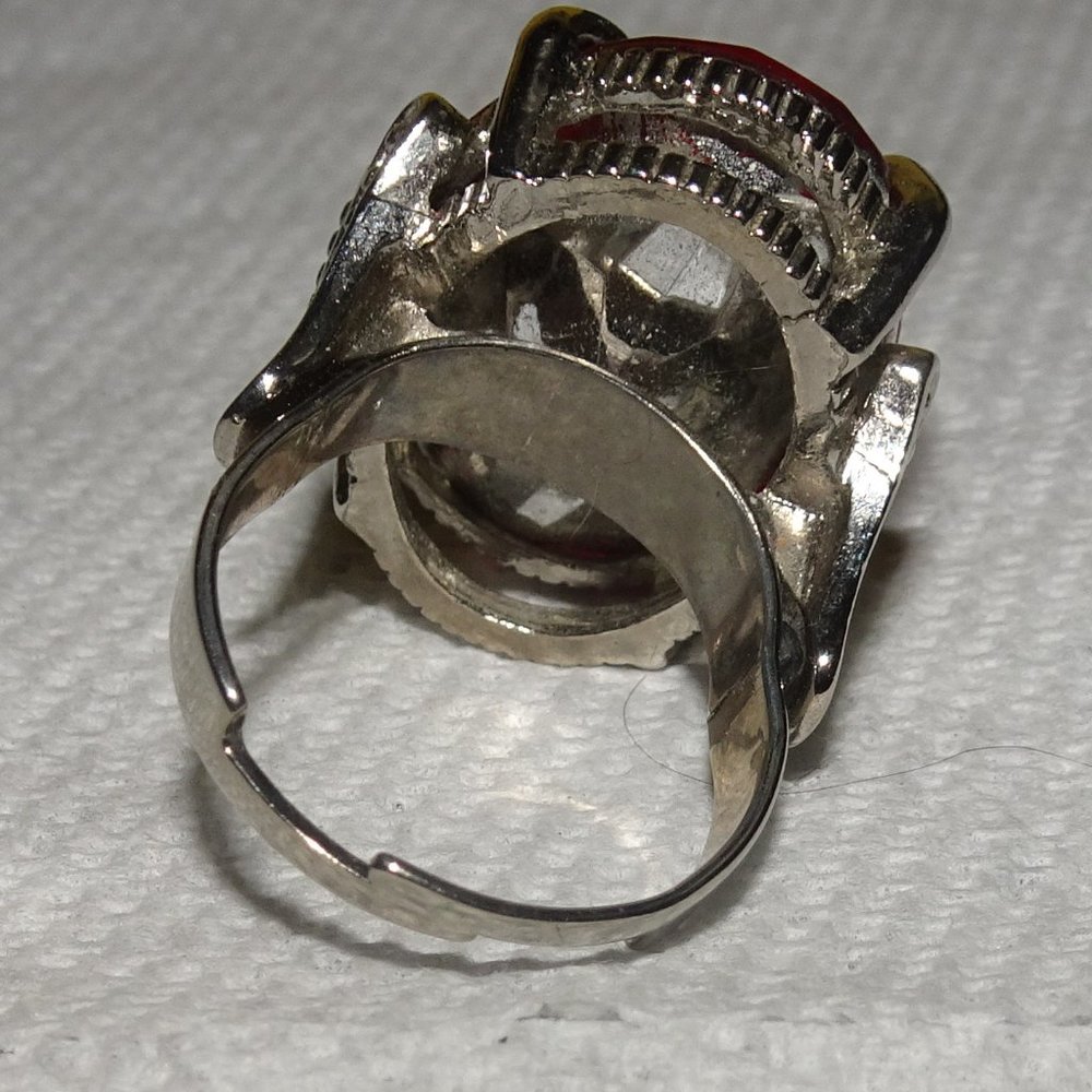 Red Rhinestone Silver Tone Adjustable Ring - image 4